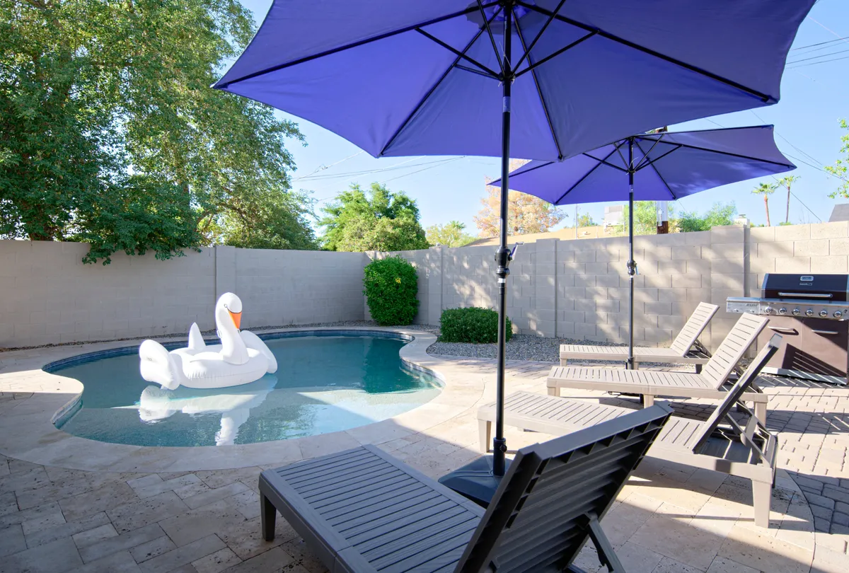 The image showcases a sparkling swimming pool surrounded by inviting lounge chairs and umbrellas, with an inflatable swan floating playfully in the water. The scene is set for relaxation and fun, hinting at activities like swimming, sunbathing, and barbecuing. The mood is leisurely, capturing a perfect Arizona sunset poolside gathering.